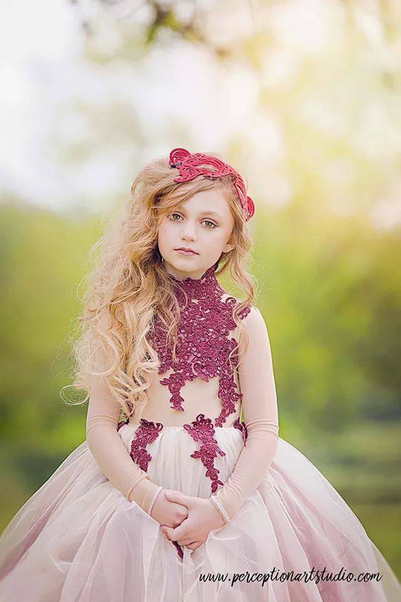 Flower Girl Dress Long Sleeve Lace Tutu Dress Burgundy Wine Etsy