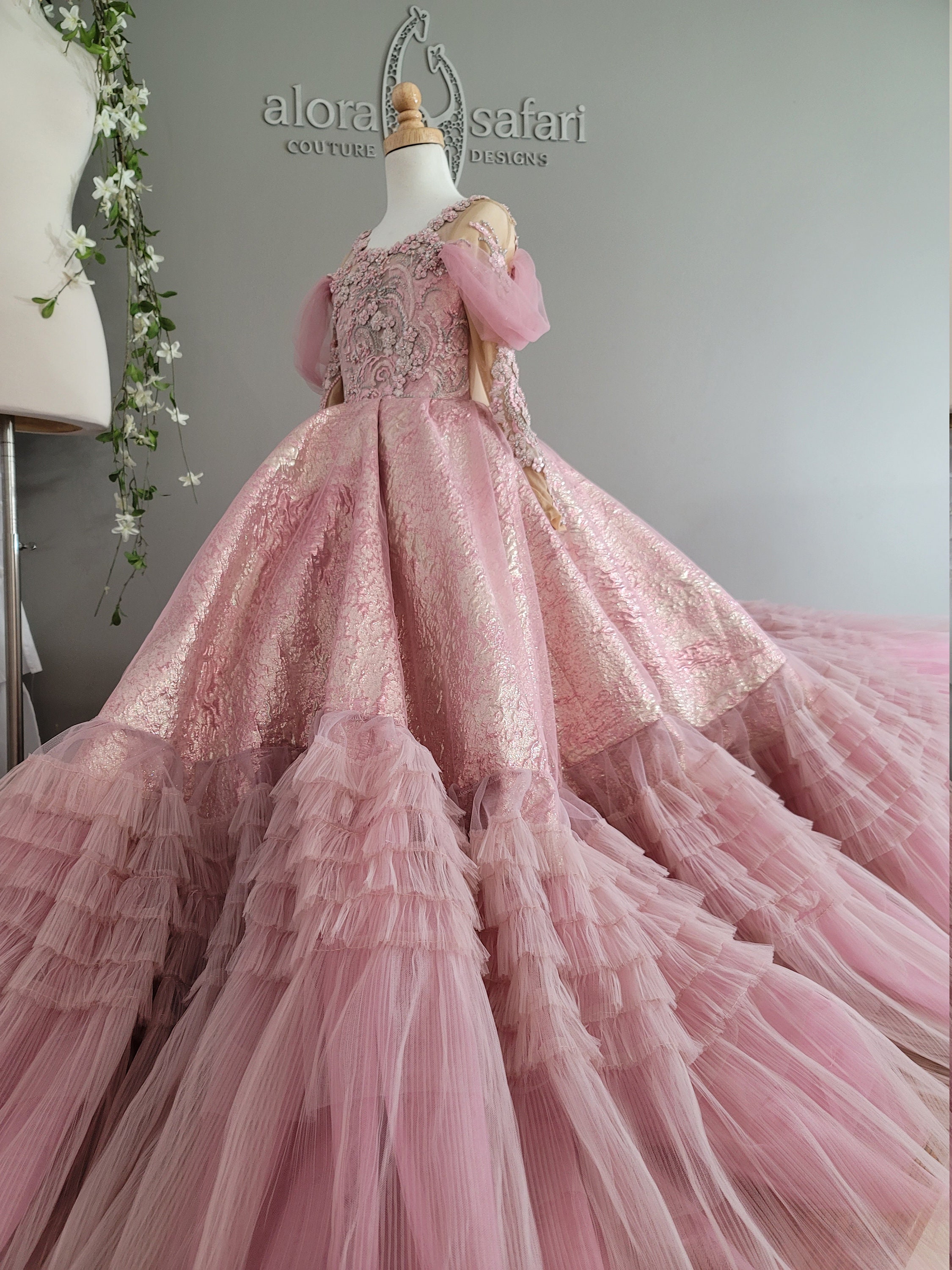 Showy pink off the shoulder princess ball gown wedding/prom dress with  tiered ruffled skirt - various styles
