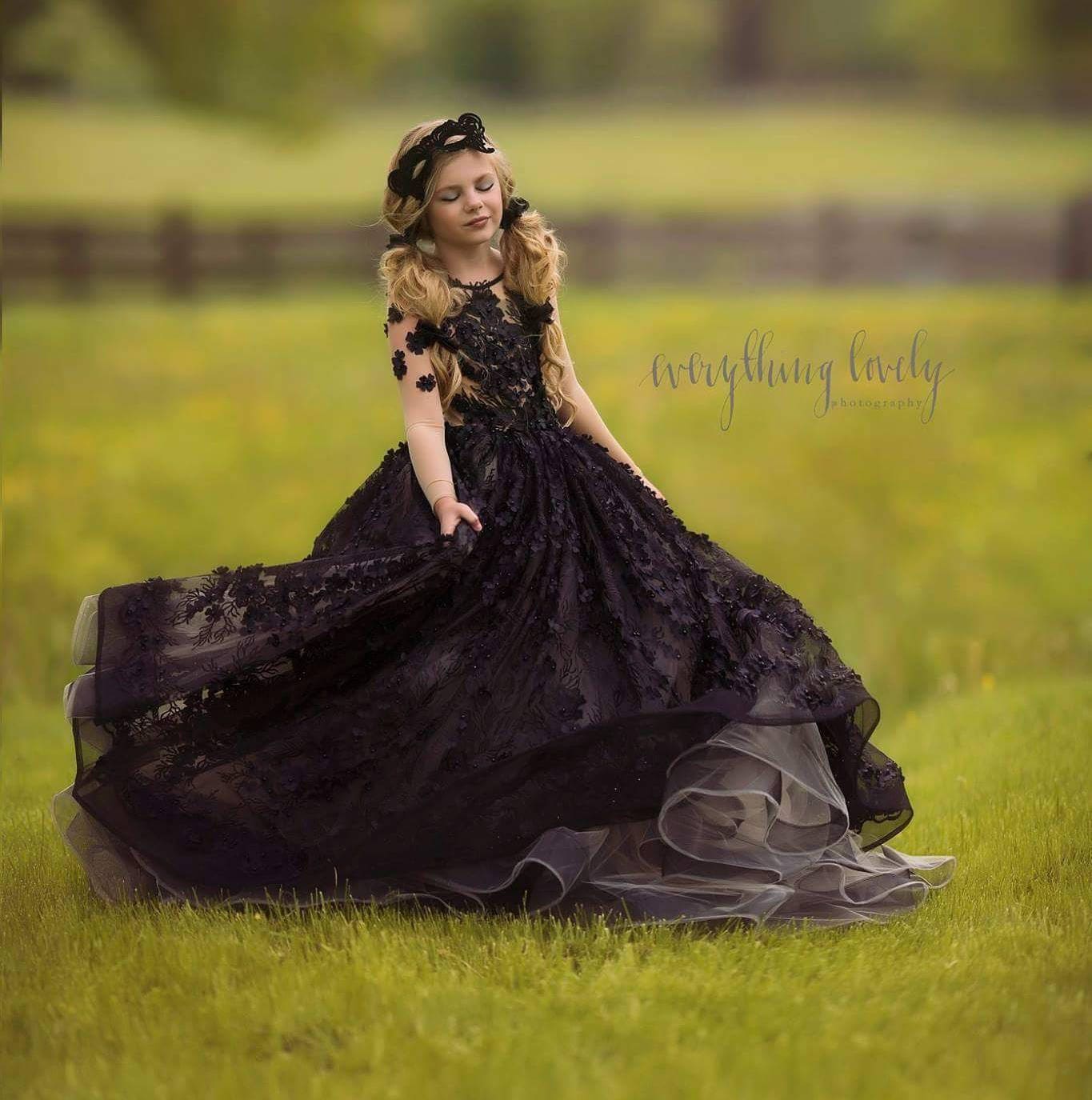 Girls Couture Floor Length Black Dress Pageant Dress