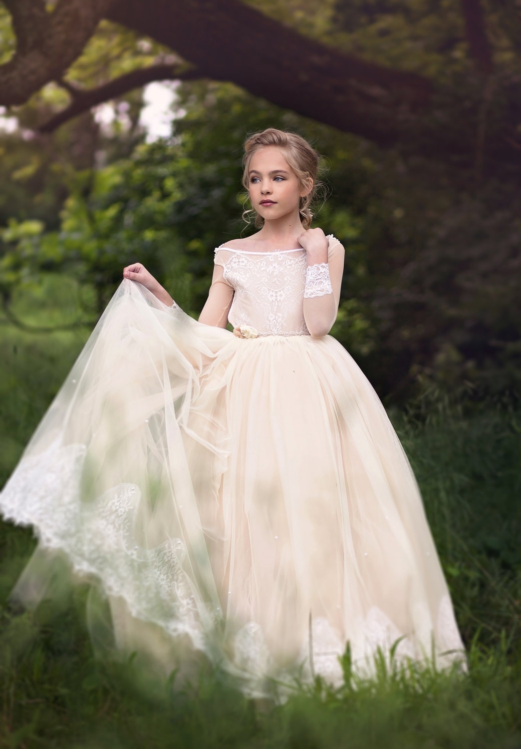Ivory Lace Flower Girl Dress, couture beige and ivory dress