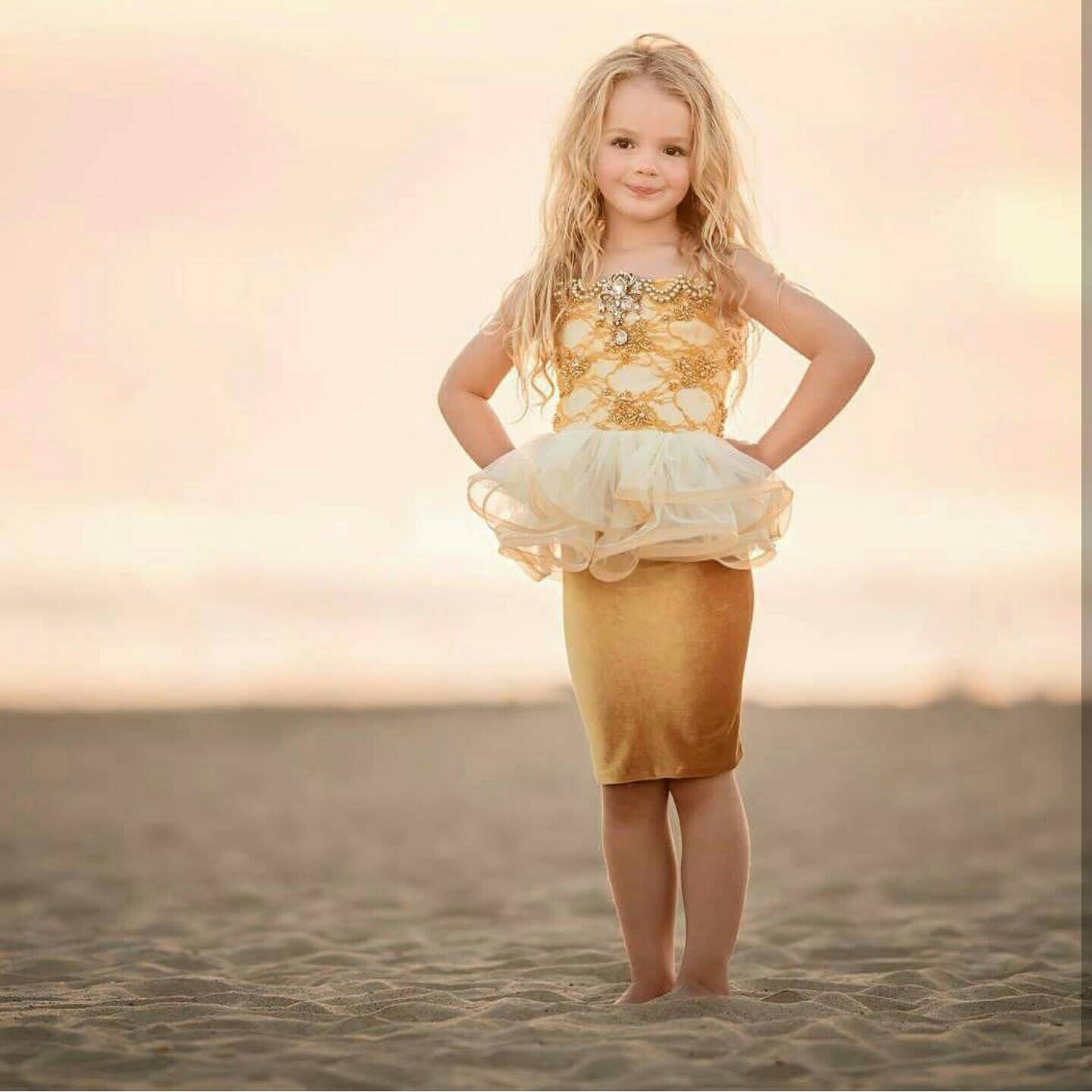 Gold girls peplum top and velvet pencil skirt. Couture pageant dress