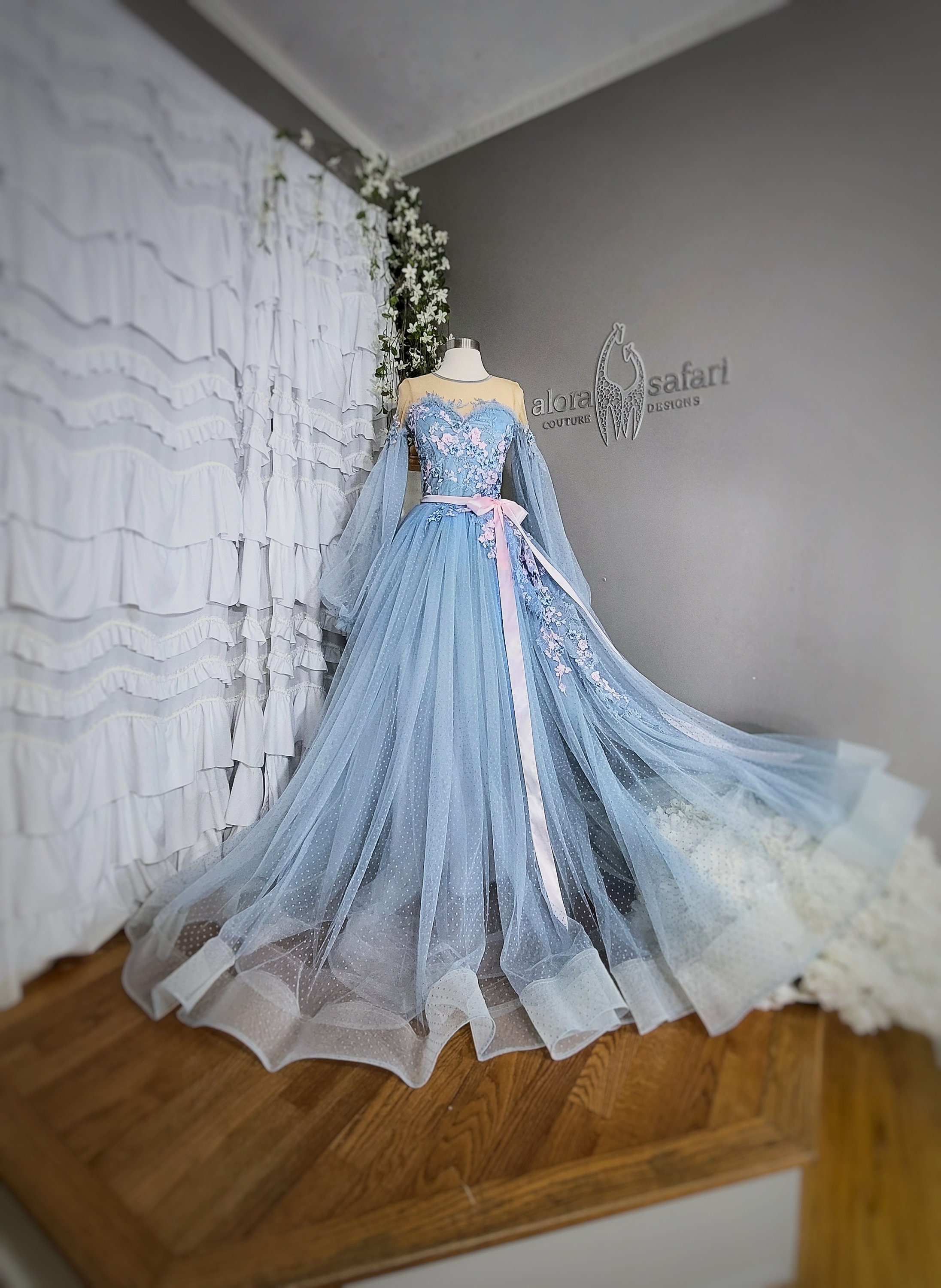 Rachel, Romantic Flowy Gown With Bishop Style Long Sleeves 