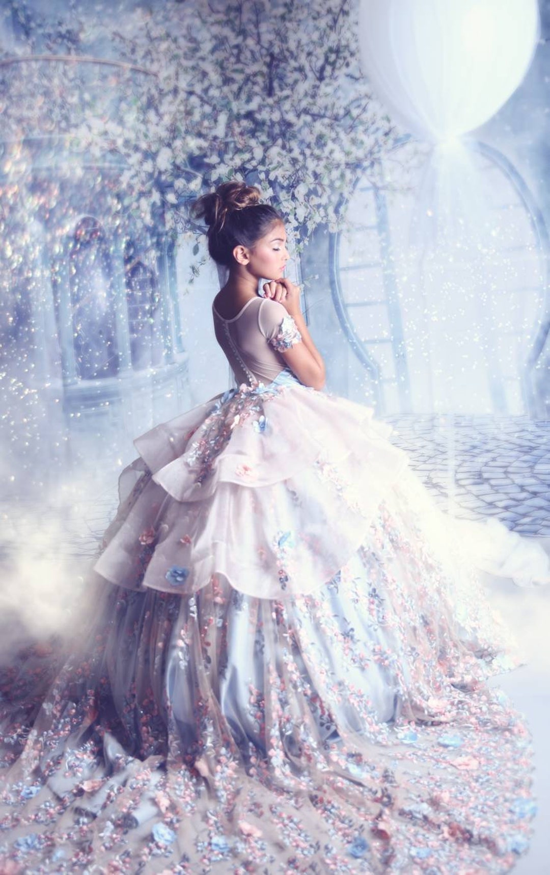 Chic Beautiful Blue Ball Gown Elegant Princess Dress Floral Lace Eveni –  SELINADRESS