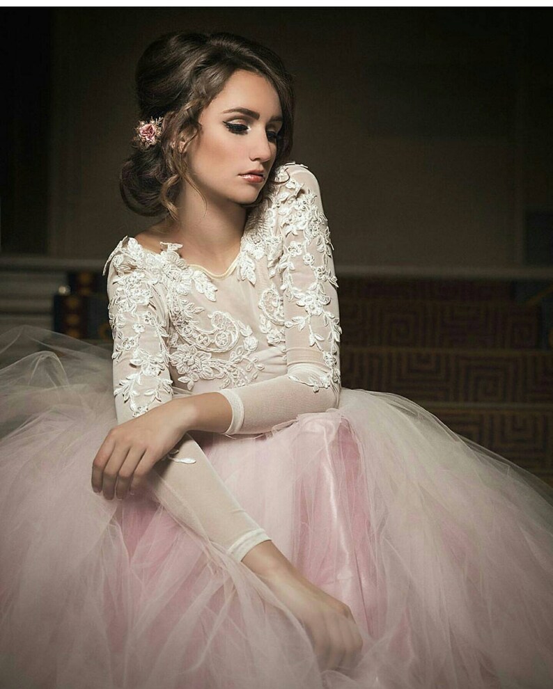 Wedding dress long sleeve lace tutu dress ivory and blush | Etsy