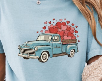 Doodle Heart Truck Shirt, Valentines Day Women Love Valentine Shirts,  Happy Love Sweatshirt