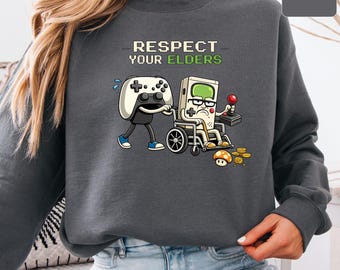 Felpa "Rispetta gli anziani", maglione per marito gamer, maglietta vintage con controller vecchio stile, regali per nonno gamer