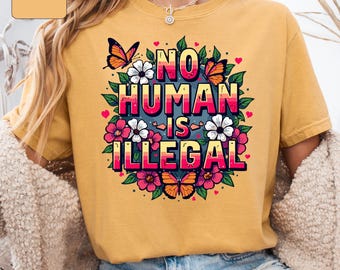 Koszulka „Żaden człowiek nie jest nielegalny”, koszulka z kwiatowym nadrukiem „Prawa człowieka”, koszulka aktywisty na rzecz sprawiedliwości społecznej