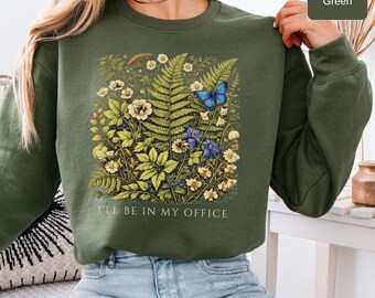 Felpa vintage con stampa botanica di felci, stile cottagecore da giardiniere, regalo ideale per gli amanti delle piante.