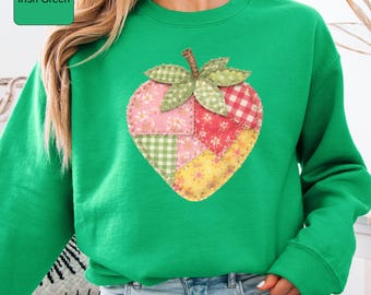 Felpa con finta lavorazione patchwork a fragole, top trapuntato stile rustico con motivo a frutti di bosco