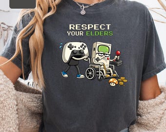 Maglietta "Rispetta gli anziani", maglietta per marito gamer, maglietta vintage con controller vecchio stile, regali per nonno gamer
