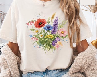 Maglietta con fiori selvatici ad acquerello, maglietta per amanti dei fiori, maglietta boho cottagecore