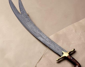 Handmade Damascus Zulfiqar Sword, Walnut Handle Islamic Decor, Double-Tip Collectible Display with Stand, Wedding & Groomsmen Gift