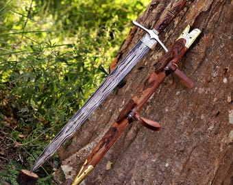 Copper Damascus Sword – Viking Style Carved Wooden Scabbard, Medieval Fantasy Collectible Blade Prop