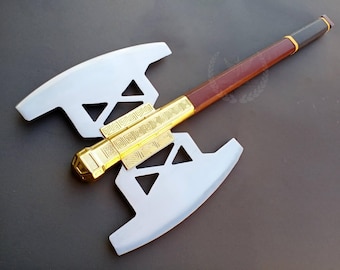 Handgjord dvärg-dubbelbladig yxa – Handgjord fantasyxrekvisita, medeltida dekoryxa, cosplay-rekvisita, fantasy-samlarpresent, present till pappa