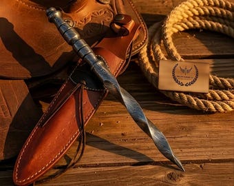 Damascus Steel Tri Edge Ice Cracker Hunting Knife, Solid Damascus Twist Handle with Leather Sheath for Camping and Outdoor - Gifts For Men