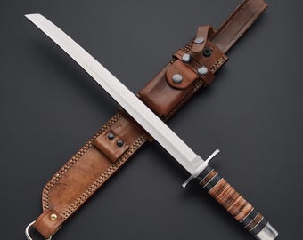 Handmade 24" Full Tang Tanto Sword | Custom Wakizashi Short Sword with Genuine Leather Sheath | Stacked Wood & Leather Handle, Gifts For Men