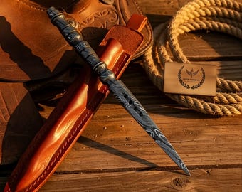 Custom Hand Forged Damascus Steel Kris Dagger, 512 Layer Twist Pattern Hunting Knife with Leather Sheath, Ice Cracker, Gifts For Men