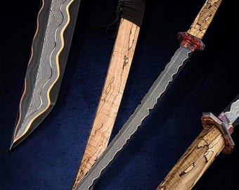 Handmade Custom Wakizashi Tanto Sword, Copper Damascus Pattern Blade, Spalted Maple Handle & Scabbard, Japanese Katana Companion Display