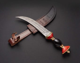 Handmade Damascus Steel Knife | 15" Full-Tang Trailing Point Art Blade with Leather Sheath, Unique Collector Display Gift for Him & Dad