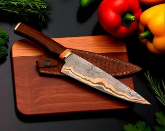 Handmade Copper Damascus Chef Knife – Rosewood Handle, Full Tang, Leather Sheath, Custom Engraving Available