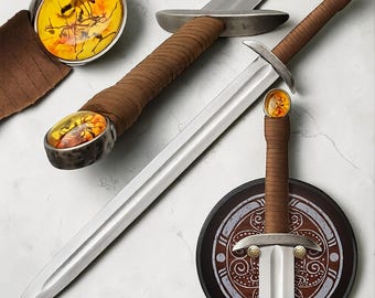 Amber Pommel Saxon Viking Sword, Stainless Steel Medieval Longsword with Display Plaque, Collectible Sword Wall Decor, Gifts For Men