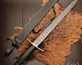 Handmade Damascus Viking Decor Sword, Norse Collectible Wall Display, Medieval Fantasy Art with Leather Sheath, Gift for Him