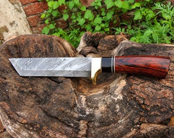 Hand Forged Damascus Tanto Knife, Custom Skinner Knife with Buffalo Horn and Brass Bolster, HRC 56-58 with Leather Sheath - Gifts For Men
