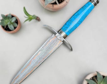 Handmade Copper Damascus Hunting Knife – Double Edge Dagger with Turquoise Handle, Leather Sheath, Unique Gift
