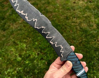 Custom Copper Damascus Tracker Knife – 15" Hunting Knife with Feather Pattern Blade, Leather Sheath, Groomsmen Gift