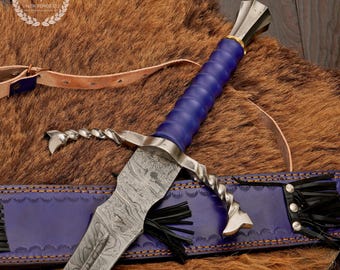 Handmade Damascus Sword, Purple Leather Handle, Cosplay Decor, Gift For Him
