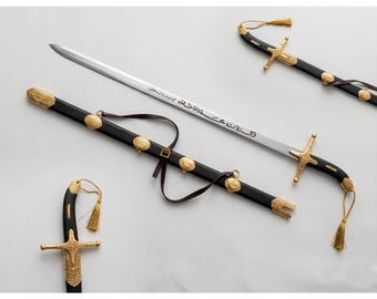 Al Qadibs svärd av profeten Muhammed – Handgjort islamiskt samlarobjekt med arabisk kalligrafi, profetväggkonstdisplay, cosplay-rekvisita