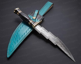 Handmade Damascus Knife - 15" Zigzag Fixed Blade with Bull Horn & Brass Handle, Custom Sheath, Collectible Art Decor Gifts For Men