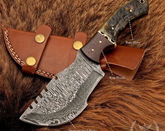 Damaskusstålspårkniv och fickkniv | Handgjord kniv med fast blad | Anpassad damaskuskniv | Campingkniv för utomhusbruk | Present till honom