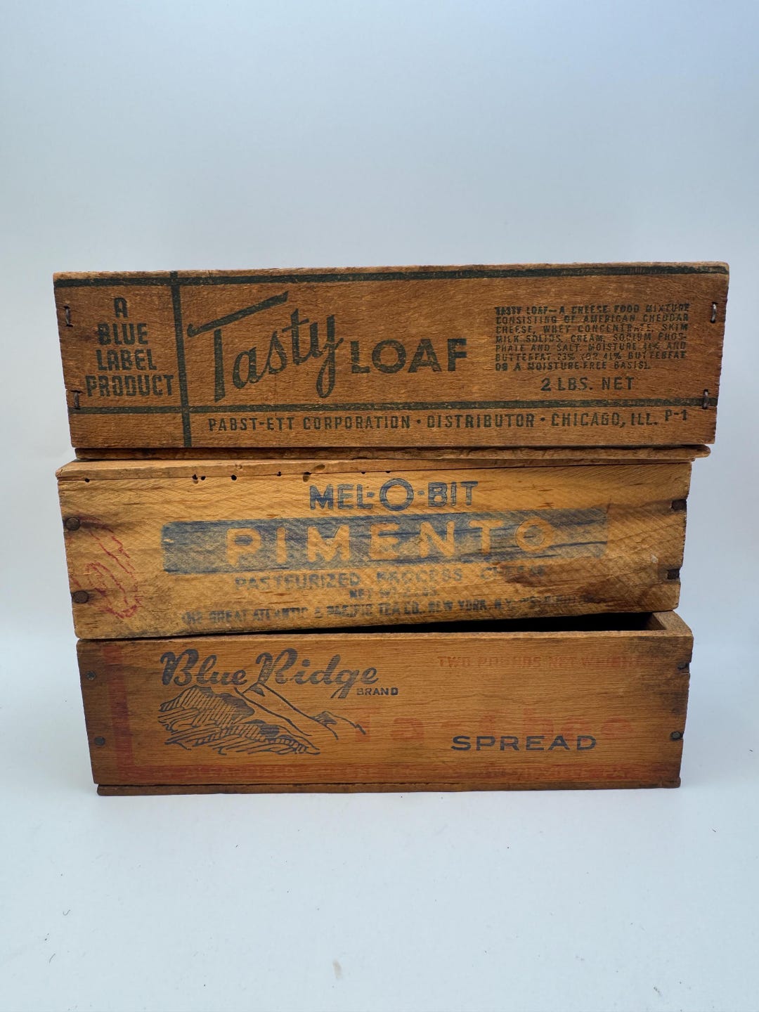 Vintage Wooden Cheese Boxes Set | Tasty Loaf, Mel-o-bit, Blue Ridge ...