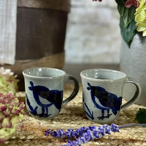 Vintage 2003 Signed Studio Pottery Mugs – Set of 2 – Hand Painted Cobalt Blue Folk Art Birds – Gray Stoneware