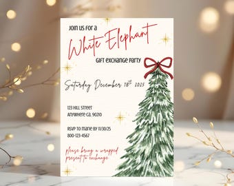 May include: A festive invitation for a White Elephant gift exchange party. The design features a watercolor Christmas tree, a red bow, and gold star accents. The invitation includes the date, time, location, and RSVP information.