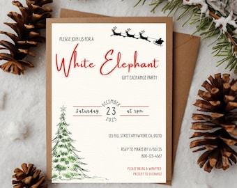 May include: A holiday-themed invitation for a White Elephant gift exchange party. The invitation features the text "White Elephant" in a red script font, a Christmas tree illustration, and a reindeer and sleigh graphic. The date is December 23, 2025.