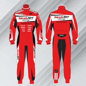 May include: A red, white, and black racing suit featuring the BirelART Racing logo on the chest and back. The front displays multiple sponsor logos and the text Richard Mille. The back features a clean design with the BirelART logo and Offset text.