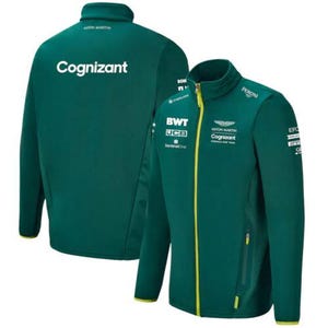May include: A dark green zip-up jacket with yellow detailing. The jacket displays the "Cognizant" logo on the back and sponsor logos such as "Aston Martin" and "BWT" on the front. It has a high collar and a full-length yellow zip.