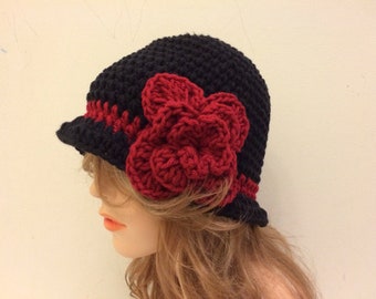 Crochet 20's style Cloche Hat - BLACK/CLARET