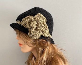 Crochet 20's Style Cloche - BLACK/TAUPE