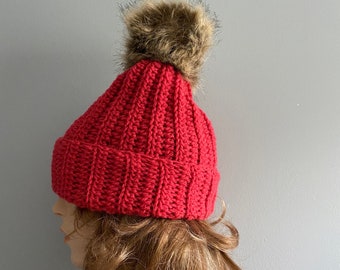 Crochet Beanie Hat with Pom Pom - RED