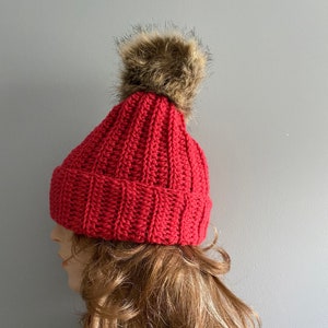 Crochet Beanie Hat with Pom Pom RED image 1