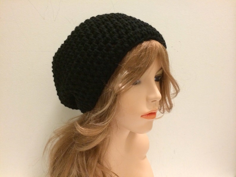 Crochet Slouchy Beanie Hat with POM POM BLACK