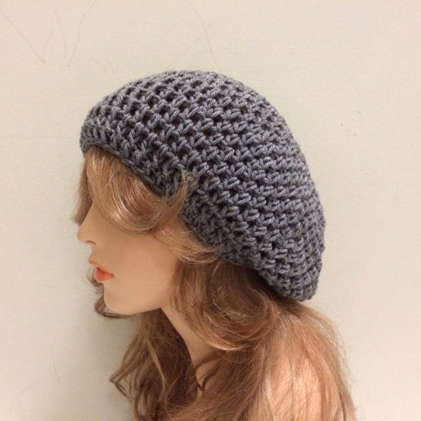 SALE Crochet Beret Hat - GREY HEATHER