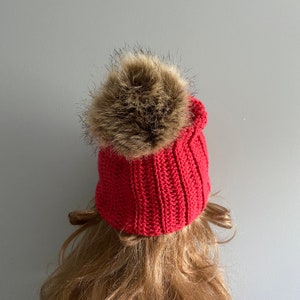 Crochet Beanie Hat with Pom Pom RED image 5