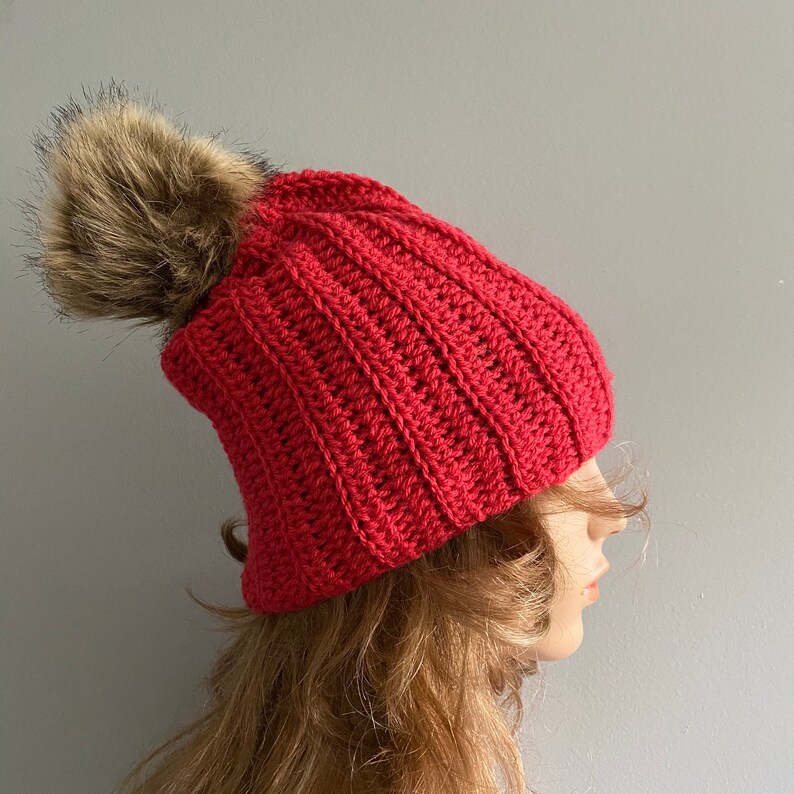 Crochet Beanie Hat with Pom Pom RED image 3