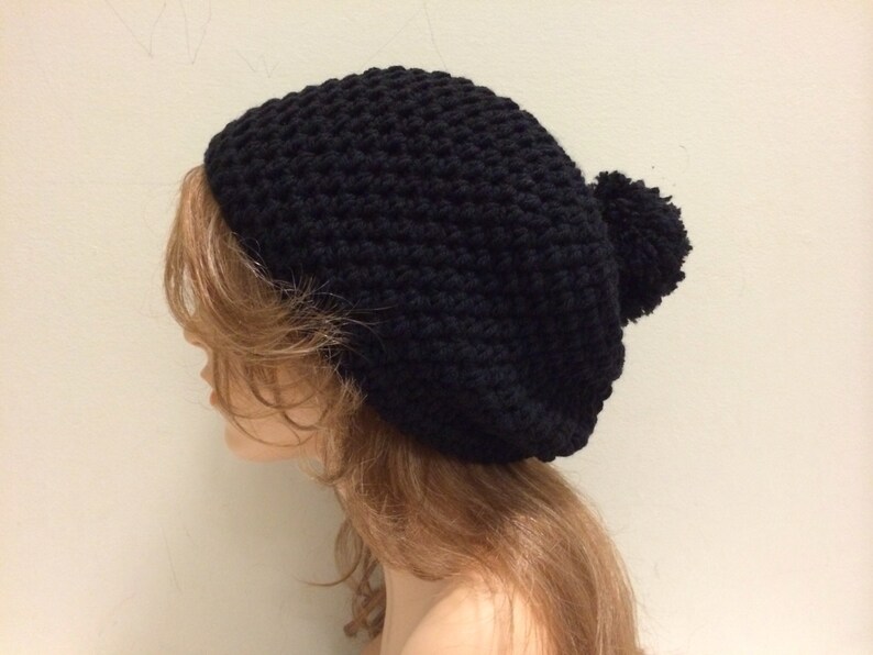 Crochet Slouchy Beanie Hat with POM POM BLACK