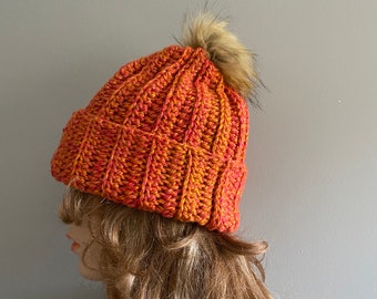 Crochet Beanie Hat with Faux Fur Pom Pom - SUNSET