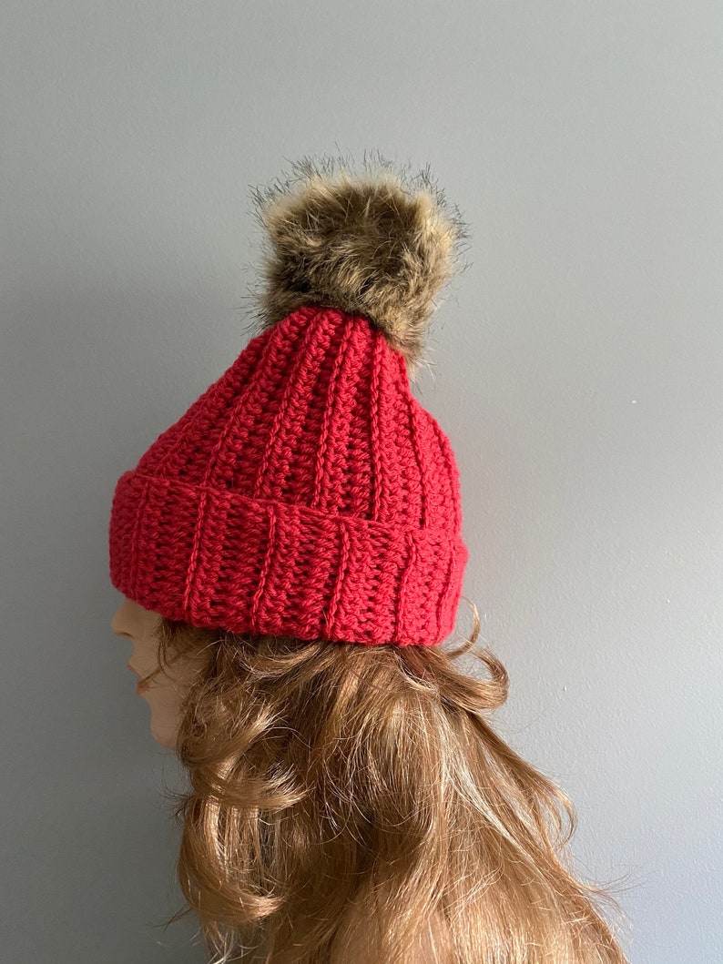 Crochet Beanie Hat with Pom Pom RED image 1